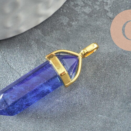 Pendentif pointe pierre watermelon bleue zamac doré 40mm, création bijoux pierre, x1 g5165