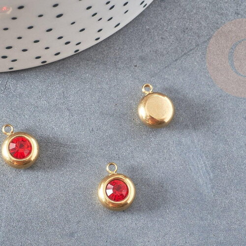 Pendentif rond acier doré 24 carats cristal rouge,pendentif cristal,12mm, x1 g4837