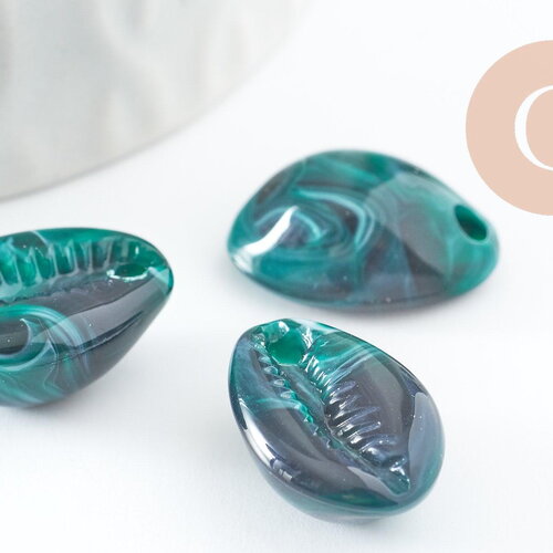 Pendentifs coquillage cauri vert marbré perle acrylique 19mm, x10 (g1228)