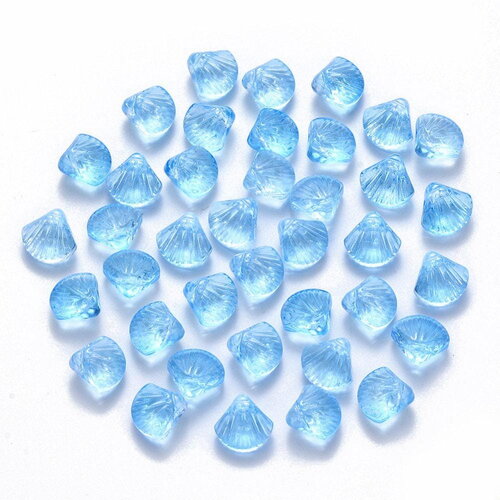 Perle coquillage verre transparent bleu, perles verre tchèque, perle coquille verre bleu, x10 (g5441)