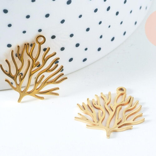 Pendentif branche de corail acier 201 inoxydable doré 18k 23.5mm, x1 (g6337)