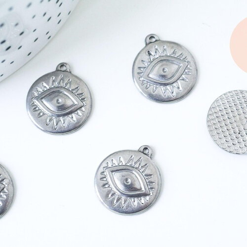 Pendentif rond oeil protecteur acier 304 inoxydable argenté 19.5mm,pendentif acier inoxydable sans nickel, x1 g6034