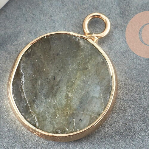 Pendentif rond labradorite laiton doré 20mm, labradorite naturelle, x1 g6304