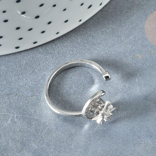 Bague réglable rotative lune étoile laiton platine zircon blanc 16.9mm, x1 (g8031)