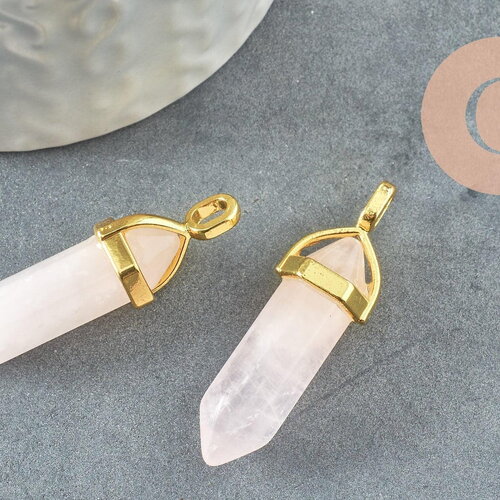 Pendentif pointe quartz rose naturel zamac doré 39-41mm, création bijoux pierre naturelle, x1 g1649