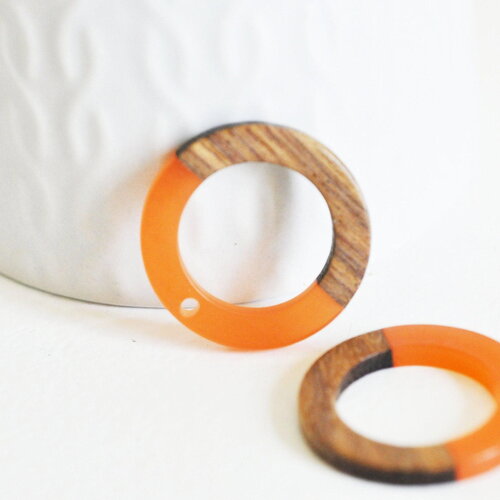 Perle disque évidé bois résine orange 28mm, création bijoux bois x5 g4642