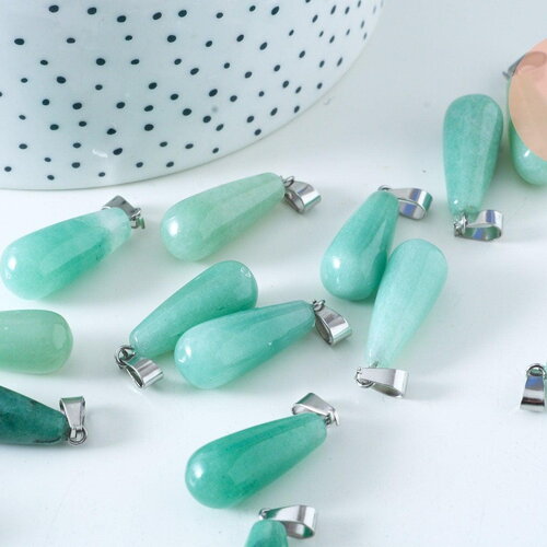 Pendentif goutte aventurine naturelle roulée acier platine 30mm, pendentif pierre acier inoxydable pierre naturelle, x1, g6171