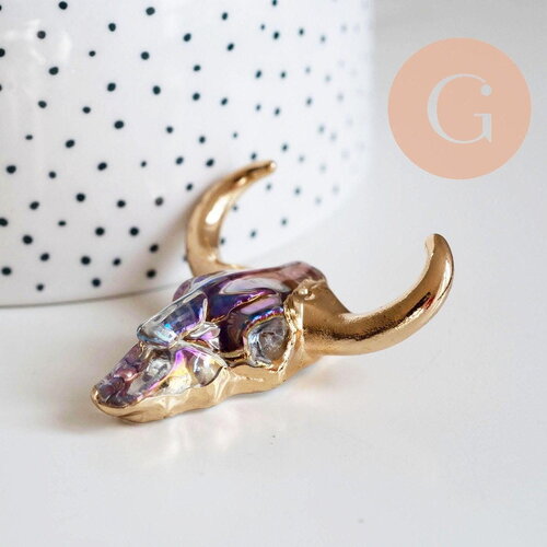 Pendentif verre tête de vache 40x60mm fer doré,pendentif verre pour création bijoux, x1 (g6384)