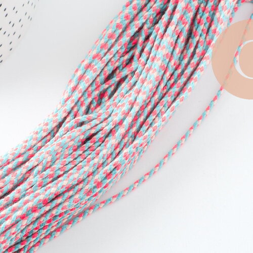 Cordon tressé turquoise beige rose fluo 2mm, x1 mètre (g9883)