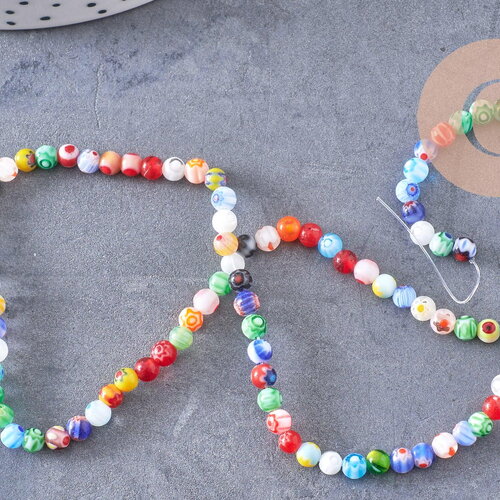 Perles rondes verre millefiori artisanal 4mm, x1 fil de 38cm (g5874)
