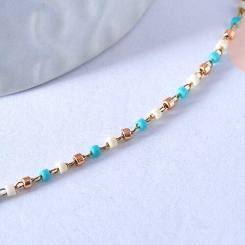 Chaine complète acier doré perls rocaille turquoise artisanale, création collier acier inoxydable doré,40.7cm, x1 g4010