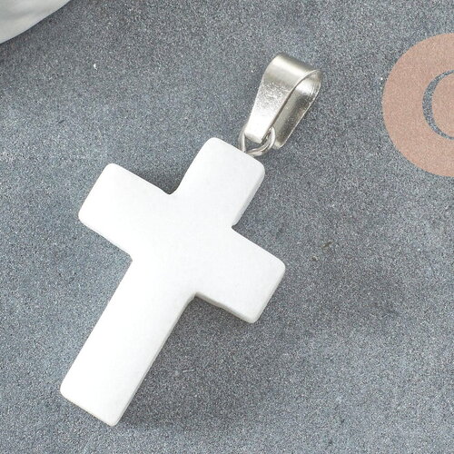 Pendentif croix jade naturel blanc acier inoxydable 29mm,pendentif pierre, support argent, création bijoux pierre, x1 g1696