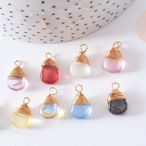 Breloque goutte verre cuivre doré couleur mixte 18,5mm,création bijoux verre, breloque goutte verre, x1, g8034