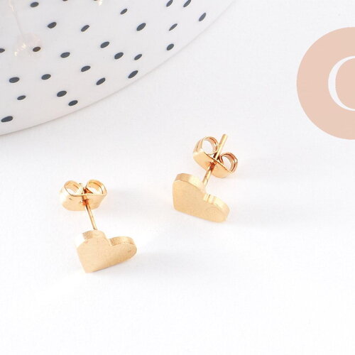 Boucles puces acier inoxydable doré coeur 8mm, x2 (g4918)