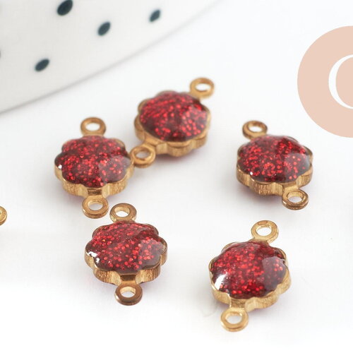 Pendentifs doré fleur émail rouge paillettes pour création bijoux,9mm, x10 g4305