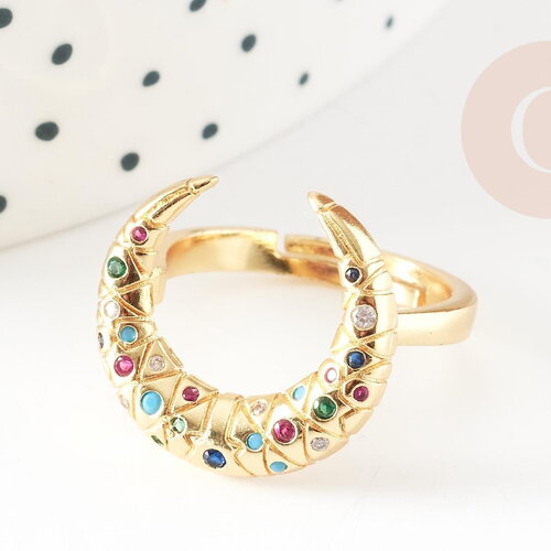 Bague laiton doré lune zircon coloré 17mm, x1 (g4256)