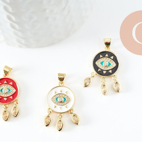 Pendentif médaille ronde oeil émail rouge laiton doré 18k et cristal zircon,pendentif laiton amour pour création bijoux,28mm, x1 (g3579)