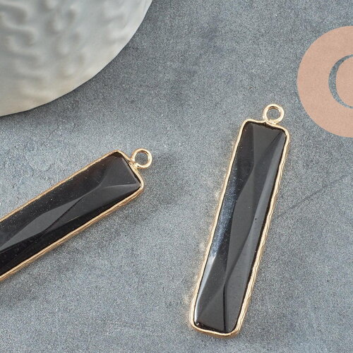 Pendentif rectangle verre noir chat facettes doré 46.5mm,pendentif verre création bijoux, x1 g5170