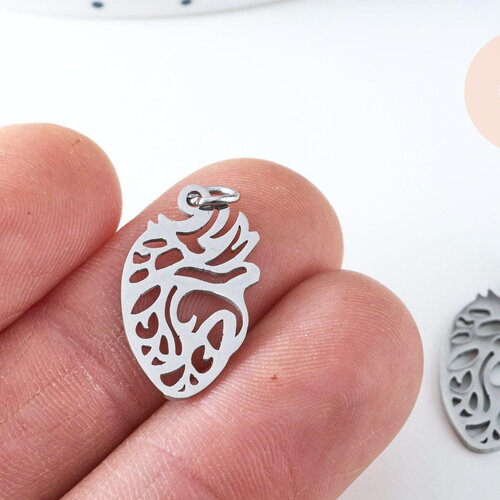 Pendentif organe coeur évidé en acier argenté 20mm, acier inoxydable,pendentif sans nickel, création bijoux, x1 g6349