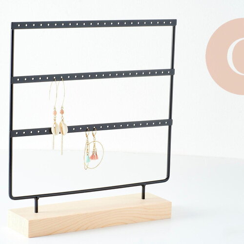 Présentoir à bijoux boucles d'oreilles laiton noir socle bois 28.5cm, x1 (g9453)