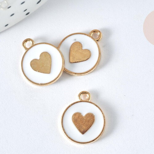 Pendentif médaille rond cœur émail blanc zamac doré 16mm, création bijou amour, x1 (g7426)