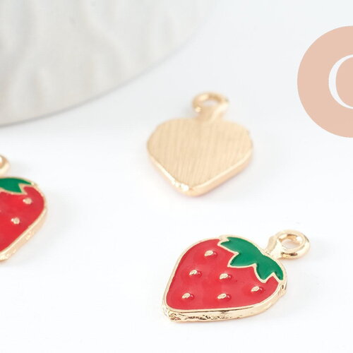 Pendentif fraise doré émaillé rouge,pendentif fruit création bijoux, pendentif doré, 20.5mm, x2 (g4528)