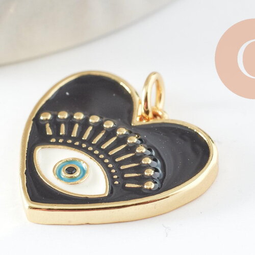 Pendentif coeur laiton doré 18k émail noir, création bijou mauvais oeil protecteur,18x19mm, x1 (g5017)
