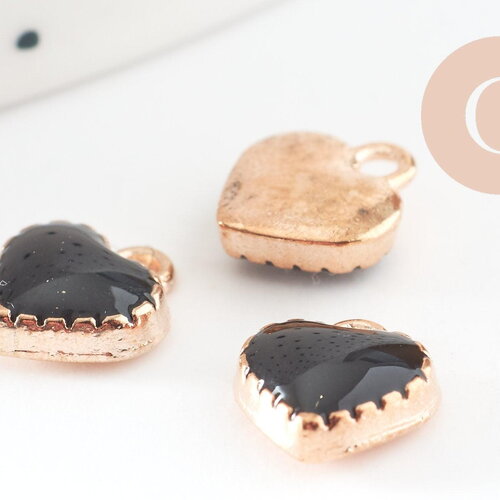 Pendentifs doré cœur émail noir, pendentif coeur, métal doré, pendentif amour, 8mm, x10 g1883
