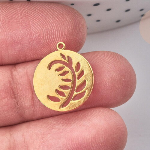 Pendentif rond plat feuille acier 201 inoxydable doré 18mm, pendentif très fin et léger création de bijoux, x1 g7973
