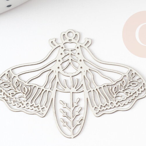 Pendentif estampe filigrane papillon acier argenté, pendentif très fin et léger, 32x44mm,x2 g4109