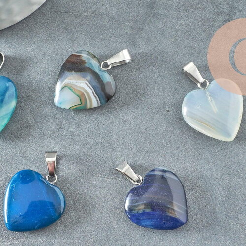Pendentif coeur agate bleu roii acier argenté, pendentif pierre agate naturelle bleue,création bijouxpierre naturelle, 23mm, x1 g3356