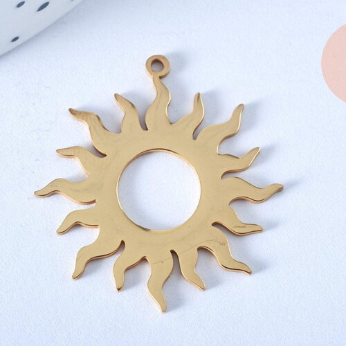 Pendentif acier doré soleil 32.5mm, breloque doré, acier inoxydable doré, pendentif sans nickel, création bijoux, x1 g6148