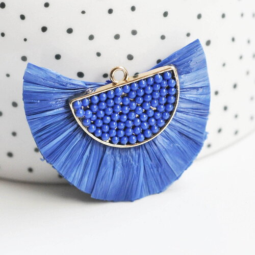 Pendentif osier raphia bleu naturel, fournitures créatives, perle bois,perle osier, création, perles géométriques,47mm, x 2, g3521