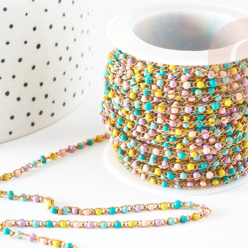 Chaine dorée 14k fantaisie résine multicolore pastel 1.5mm, x1 mètre (g2846)