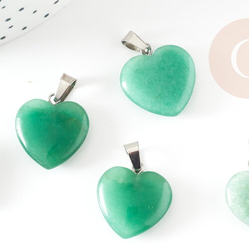 Pendentif coeur aventurine verte naturelle laiton platine 22mm, pendentif pour création bijou amour x1 g9264