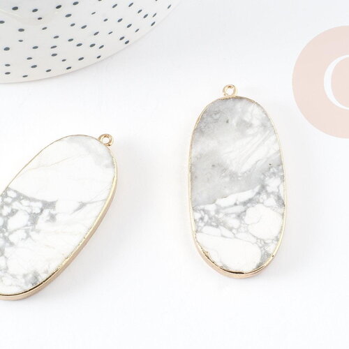 Pendentif ovale howlite blanche, fournitures créatives,pendentif bijoux, pendentif pierre, howlite naturelle, 52mm, x1 g2101