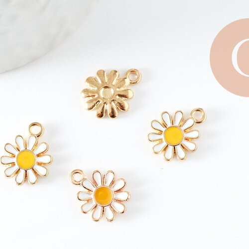 Pendentif fleur marguerite doré émaillé zamac doré 14mm,pendentif fleur création bijoux, pendentif doré, x2 (g3657)