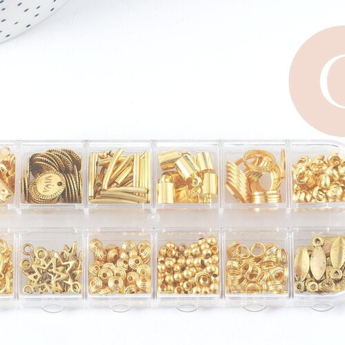 Boite kit mix de 12 types de fournitures et perles zamac laiton doré, x1 (g8843)