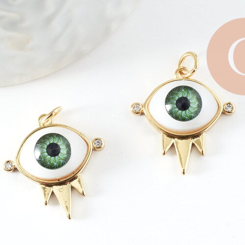 Pendentif oeil résine laiton doré 20k, création bijou doré laiton doré, bijou oeil, 21mm, x1 (g6198)