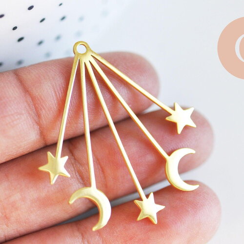 Pendentif acier doré lunes et étoiles 41mm, breloque doré, acier inoxydable doré, pendentif sans nickel, x1 g6163