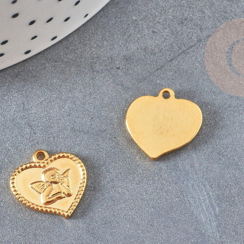 Pendentif médaille coeur ange acier 304 inoxydable doré 15mm, pendentif doré baptême x1 g4846