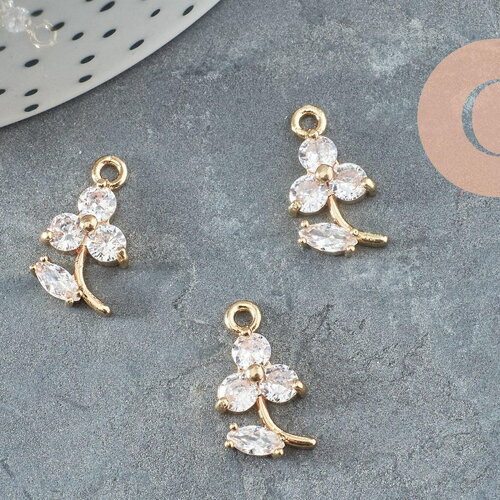 Pendentif fleur 3 pétales laiton doré 24k zircons 17mm, x1 (g9930)