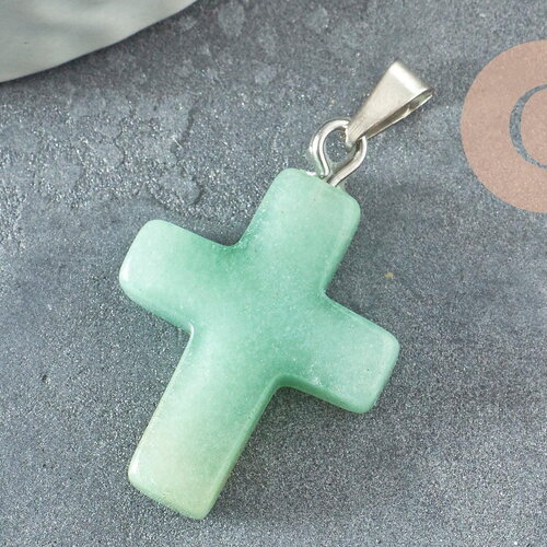Pendentif croix aventurine verte naturelle laiton platine 15mm, x1 (g1977)