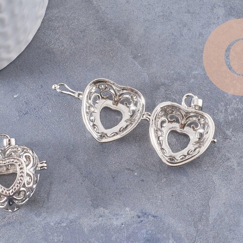 Pendentif coeur bola carillon d'harmonie laiton argenté, bijoux grossesse, vendu sans carillon, 35mm, x1 (g3651)