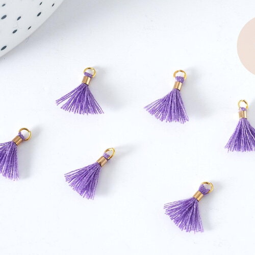 Pompon violet polyestère support doré 10-15mm,décoration pompon, pompon boucles,fabrication bijoux bohème,les 10 g8220
