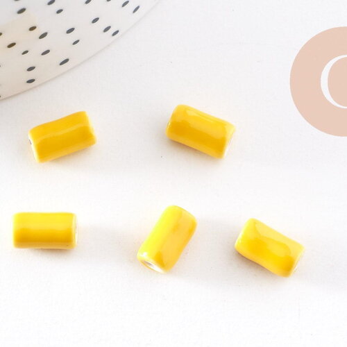 Perle porcelaine jaune vif, perle céramique, porcelaine jaune,perle tube, création bijoux, 10mm, x5 g3197