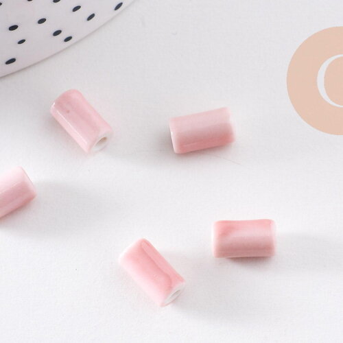 Perle porcelaine rose, perle céramique, porcelaine rose clair,perle tube, création bijoux,10mm, x5 g2542