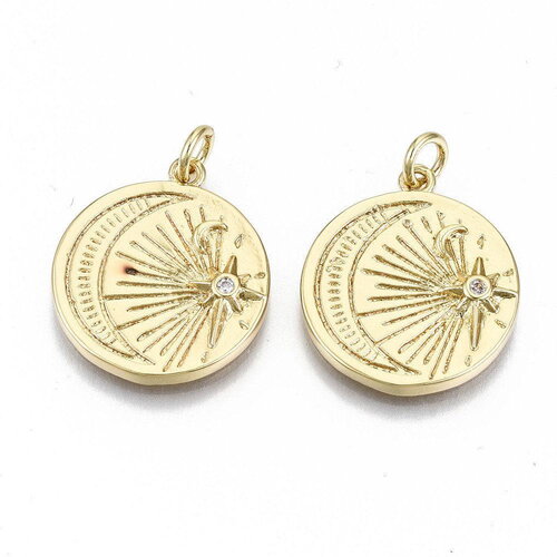 Pendentif lune rond gravé laiton doré 16k étoile zircon 20.5mm, un pendentif doré avec des cristaux pour la création de bijoux, x1 g5960