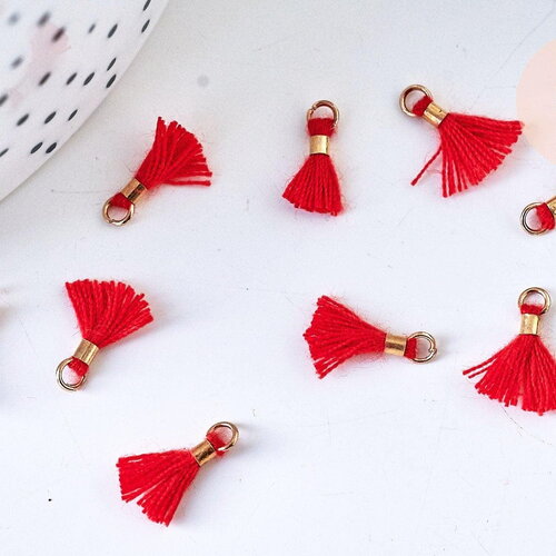 Pompon rouge polyestère support doré,décoration pompon, pompon boucles,fabrication bijoux bohème,10-15mm,les 10 g5560