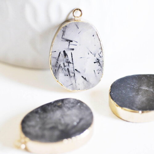 Pendentif ovale quartz gris naturel fer doré 28mm, pendentif pierre naturelle x1 (g1799)
